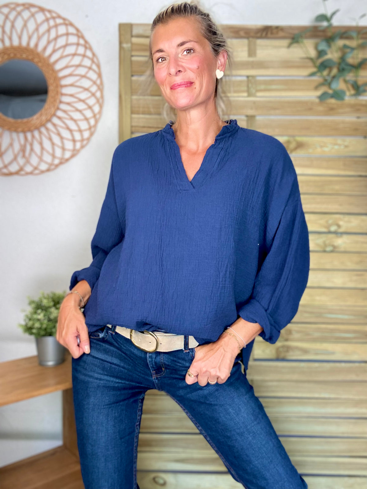 Blouse en gaze de coton SIERRA Bleu marine - manches longues • FIN DE SÉRIE
