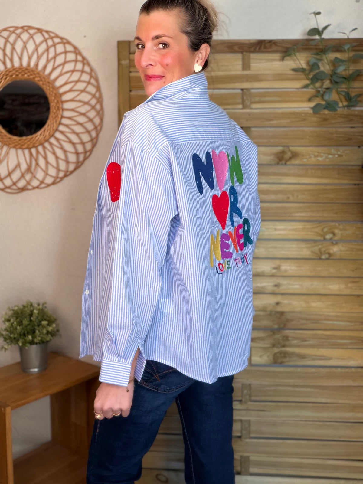 Chemise rayée brodée TINA Bleue - FIN DE SÉRIE