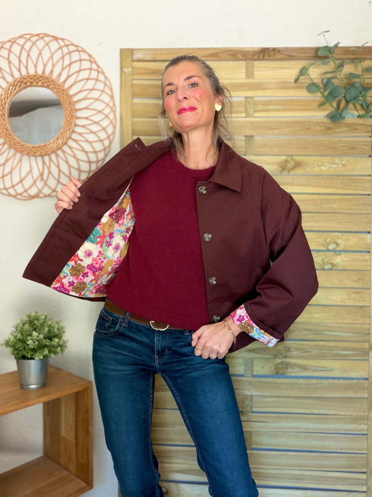 Veste Trench en coton Bordeaux fleuri - MAHAUT - LILI et LALA