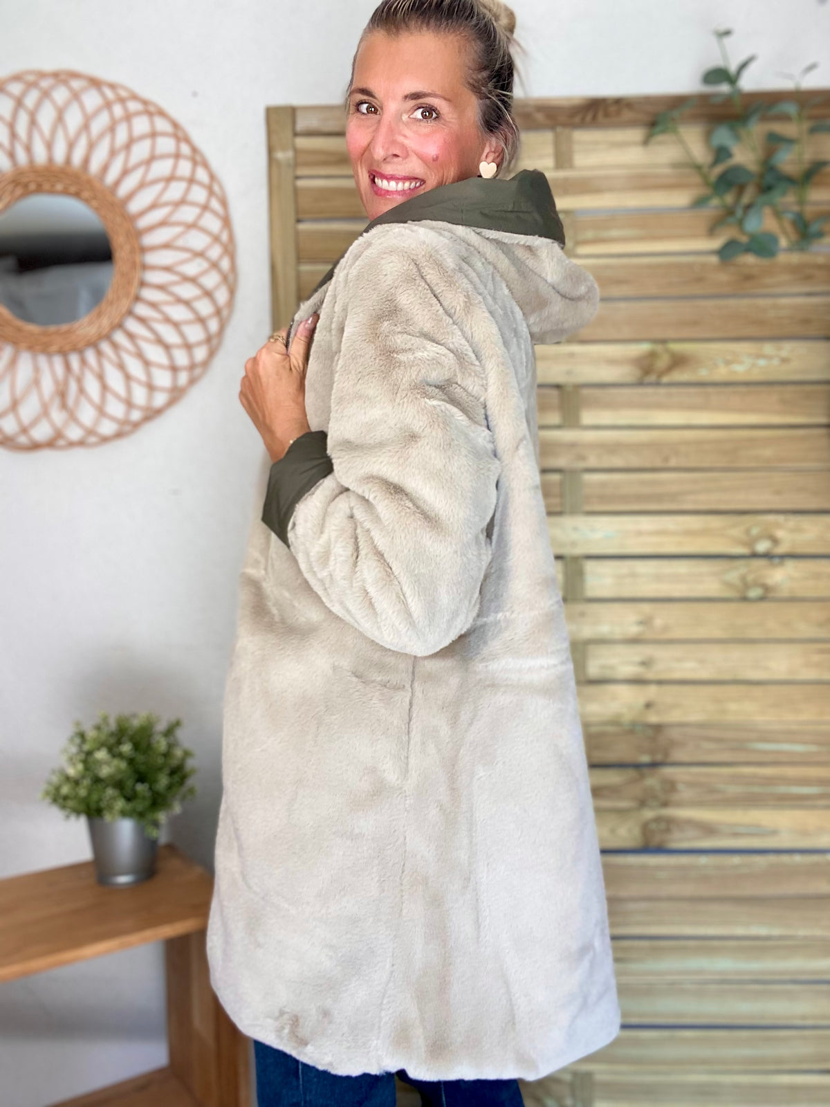 LAURA JO - Parka Imperméable réversible fourrée Kaki / Beige ALIX Long