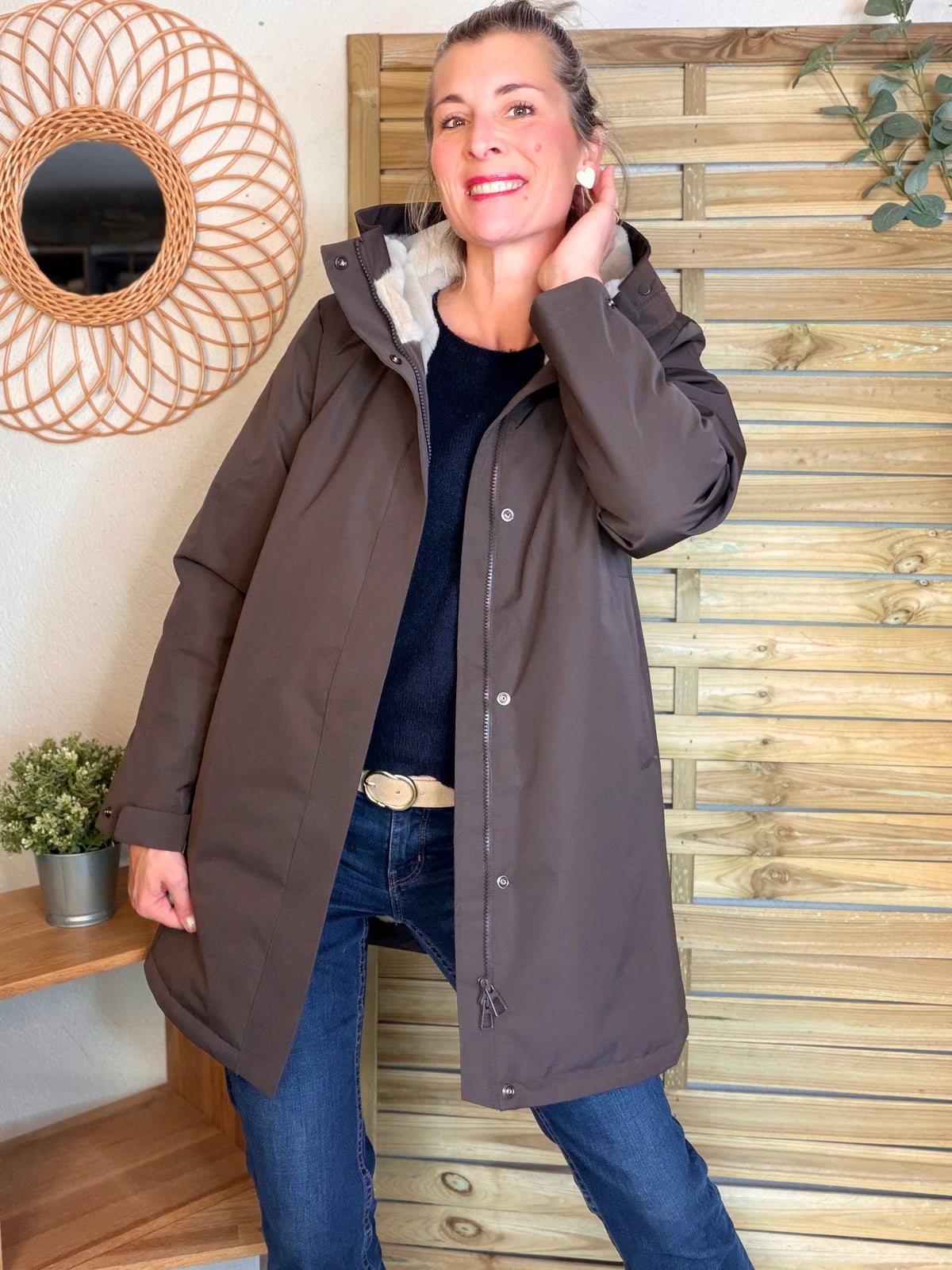LAURA JO - Parka fourrée imperméable AMBRE LONG - Chocolat / Beige