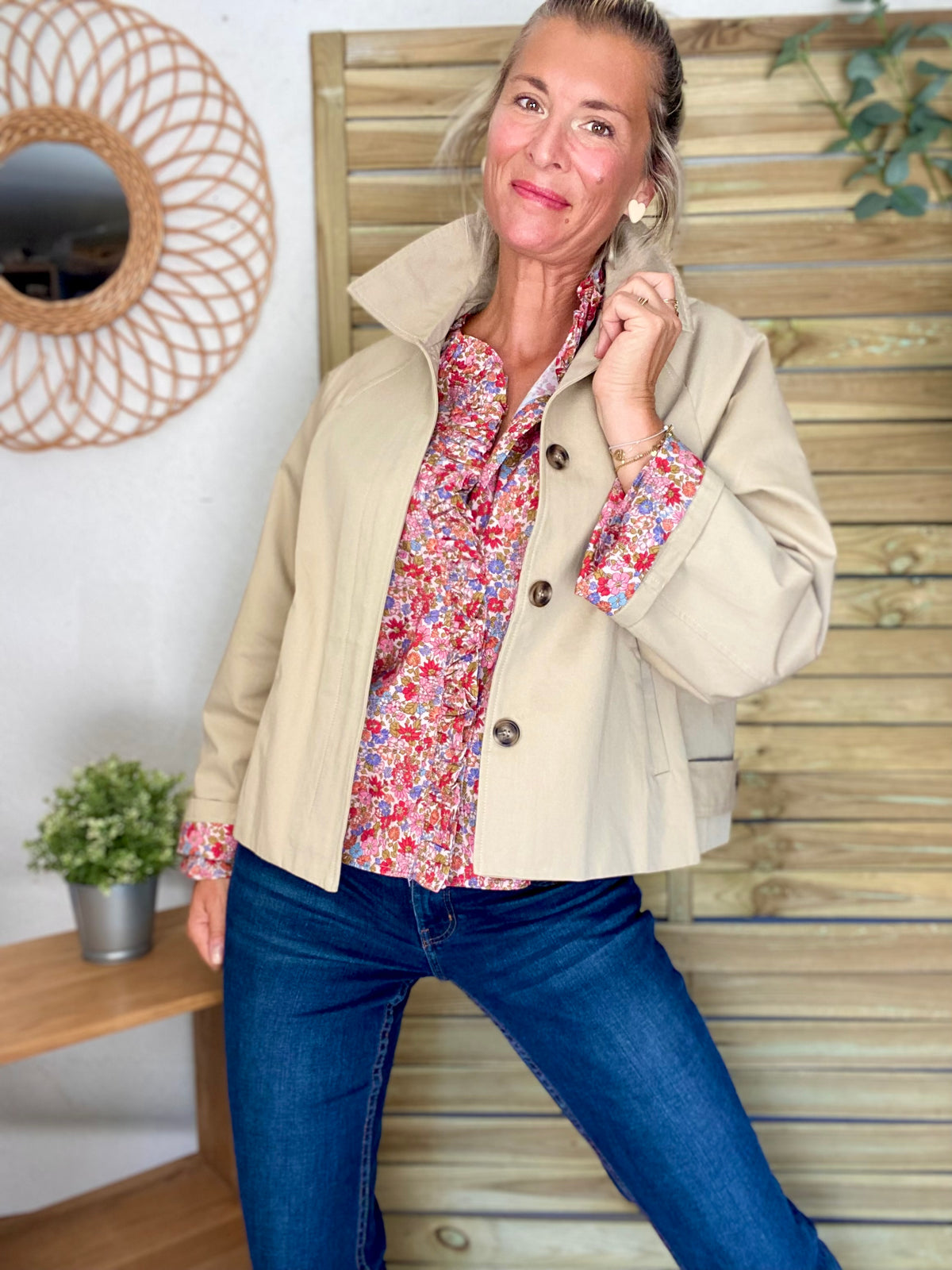Veste Trench en coton beige avec Liberty - MAHAUT - LILI et LALA