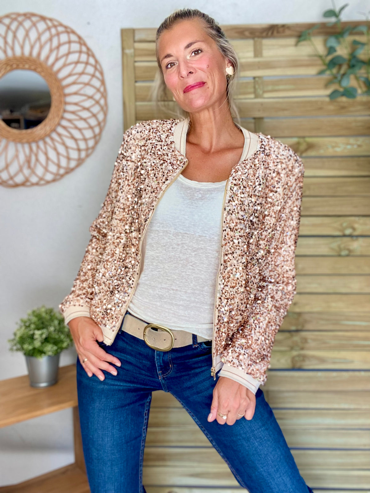 Veste bombers beige avec sequins Rose Gold KIM - FIN DE SÉRIE