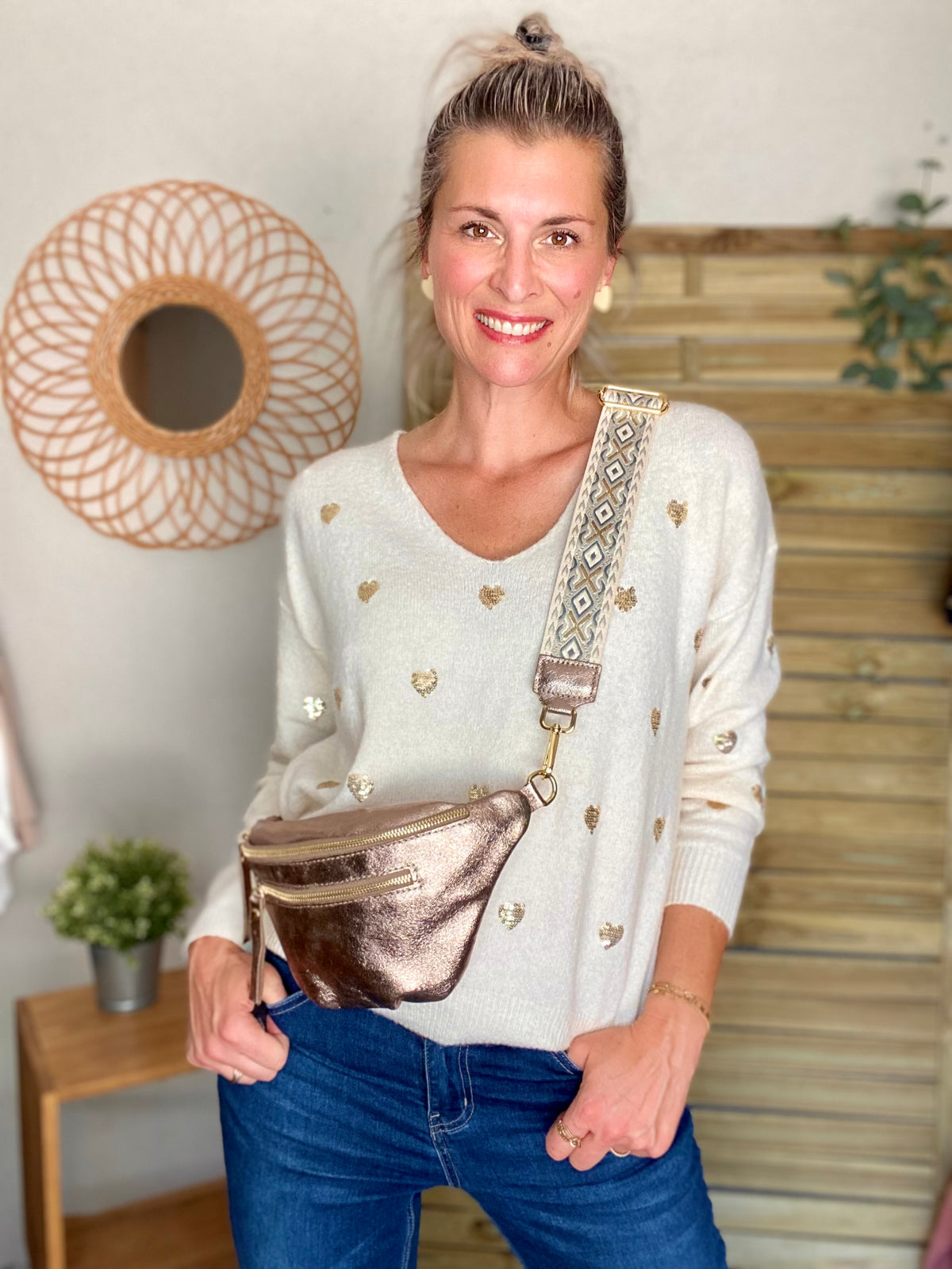 Sac banane en cuir irisé double poche - ERYN fronces - Bronze