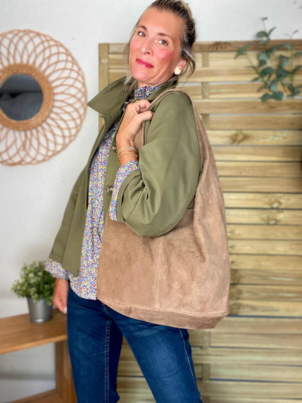 Sac cabas hobo cuir daim MARLON - Beige taupe