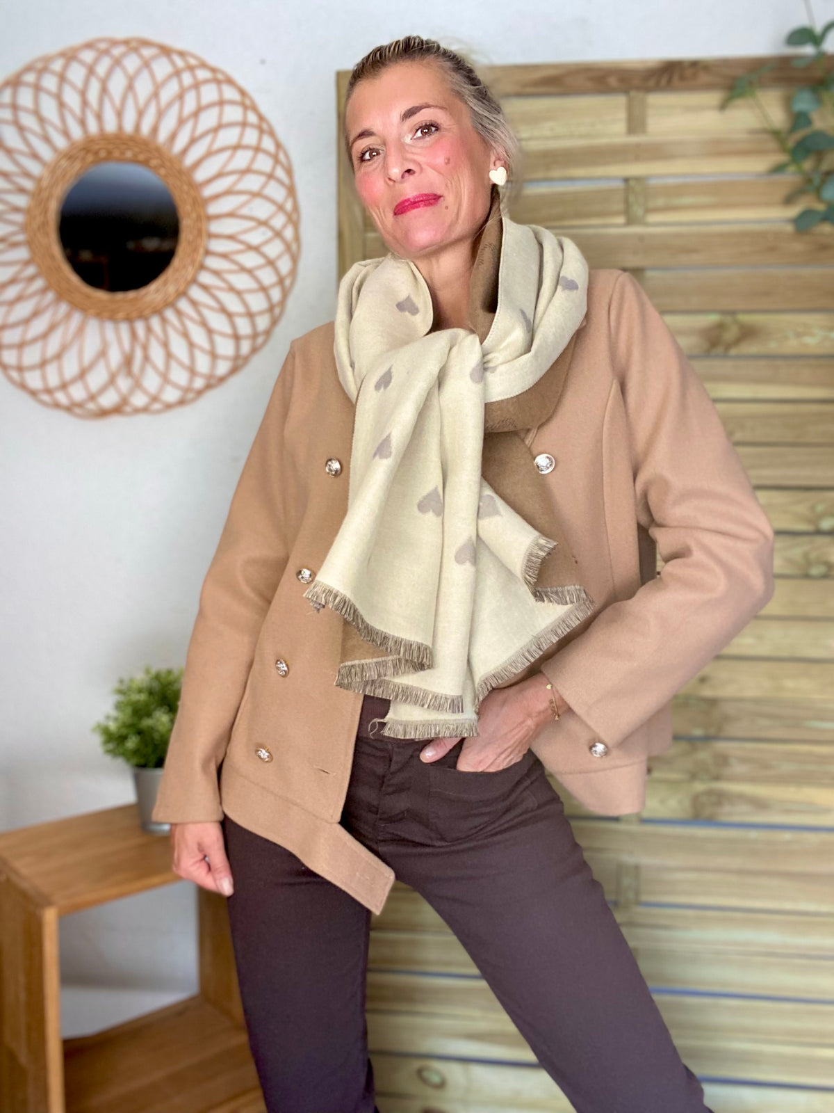 Écharpe douce gros Coeurs PAULETTE - Beige 🩶