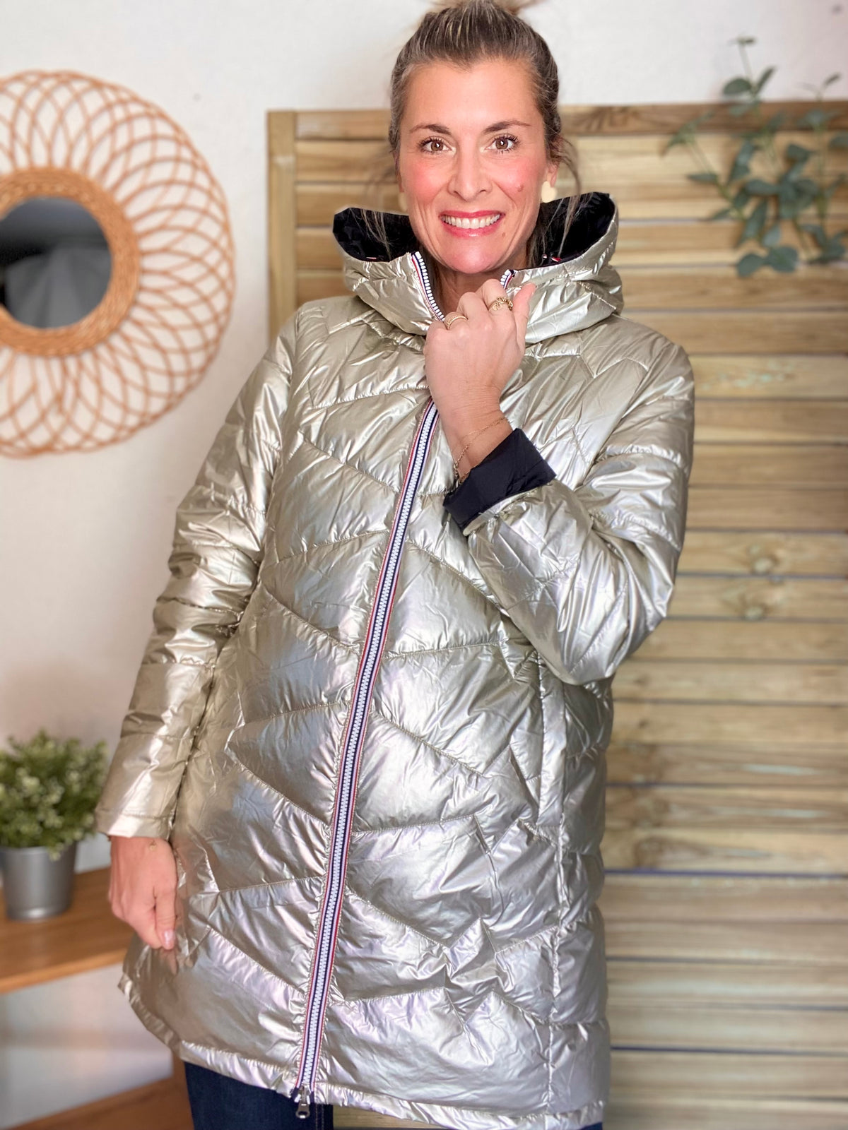 LAURA JO - Doudoune réversible imperméable longue INÈS - Noir / Doré - FIN DE SÉRIE