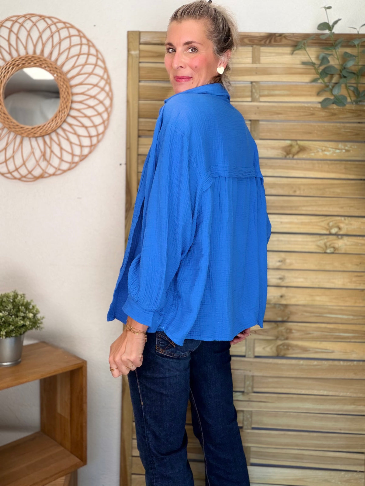 Chemise en gaze de coton unie FÉLICIA Bleu électrique