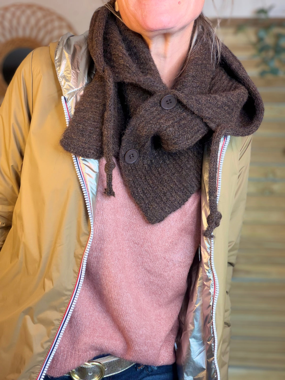 Col cagoule LORIE en maille avec boutons - Chocolat