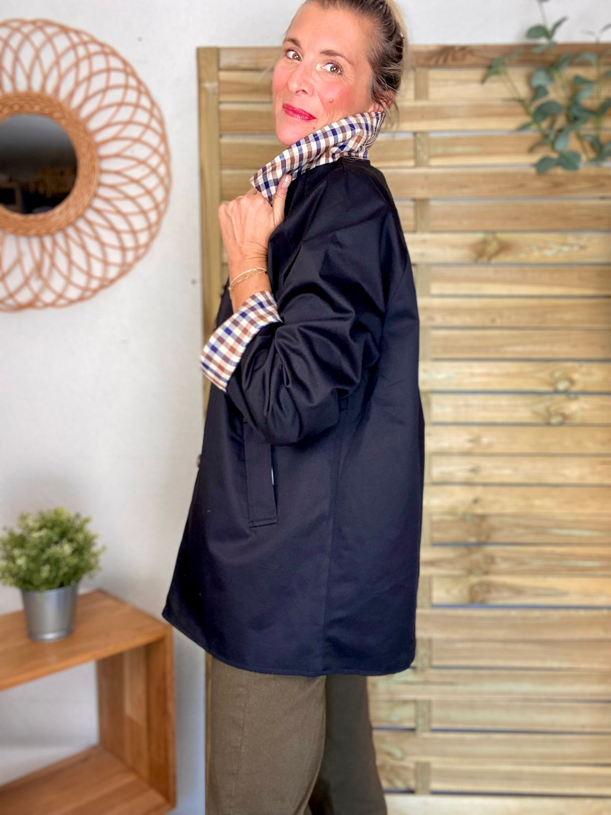 Veste Trench mi long réversible vichy LENA Noir - FIN DE SÉRIE