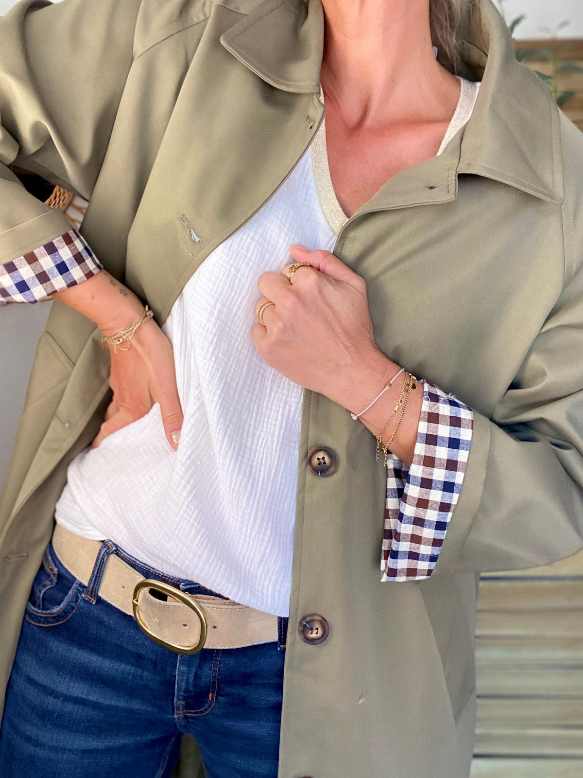 Veste Trench en coton, revers carreaux - YSEULT long Kaki