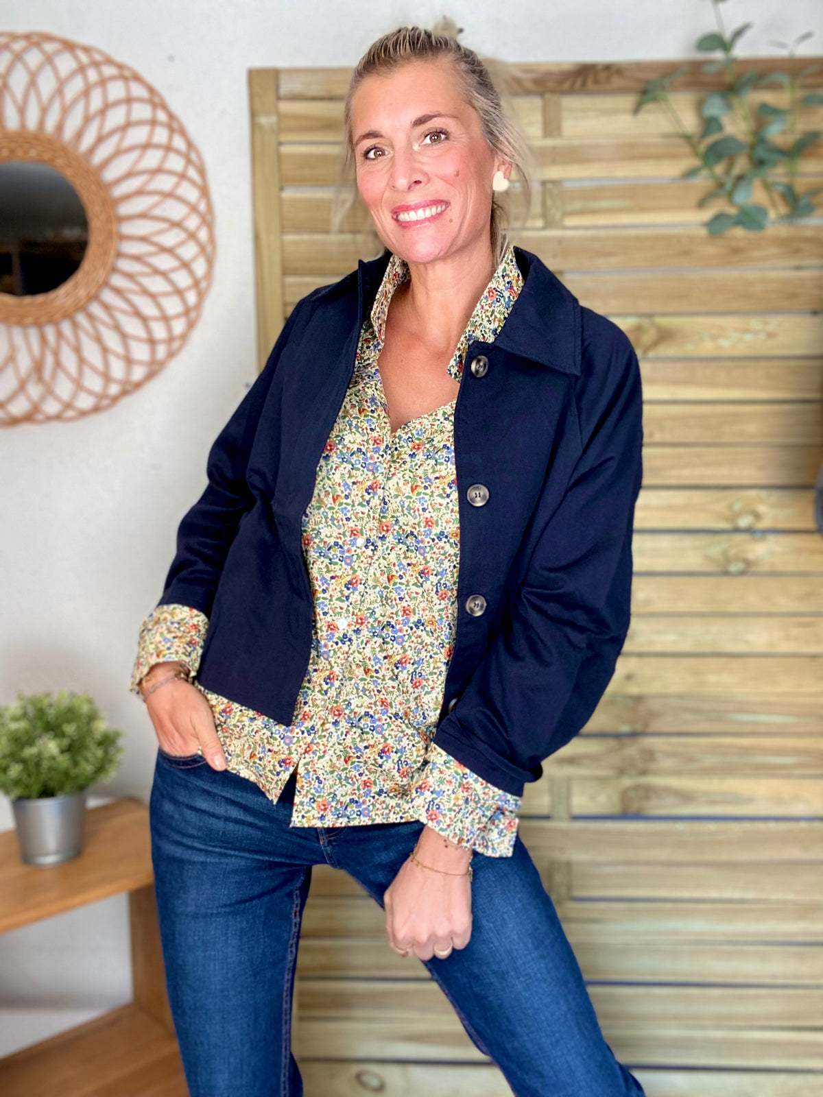 Veste Trench en coton bleu marine avec Liberty - MAHAUT- LILI et LALA