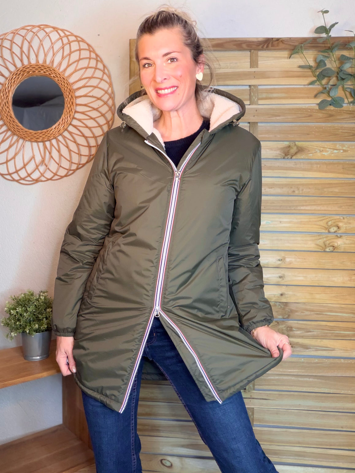 LAURA JO - Parka Imperméable LOUISE LONG Sherpa écru - Kaki • DÉSTOCKAGE sur taille S