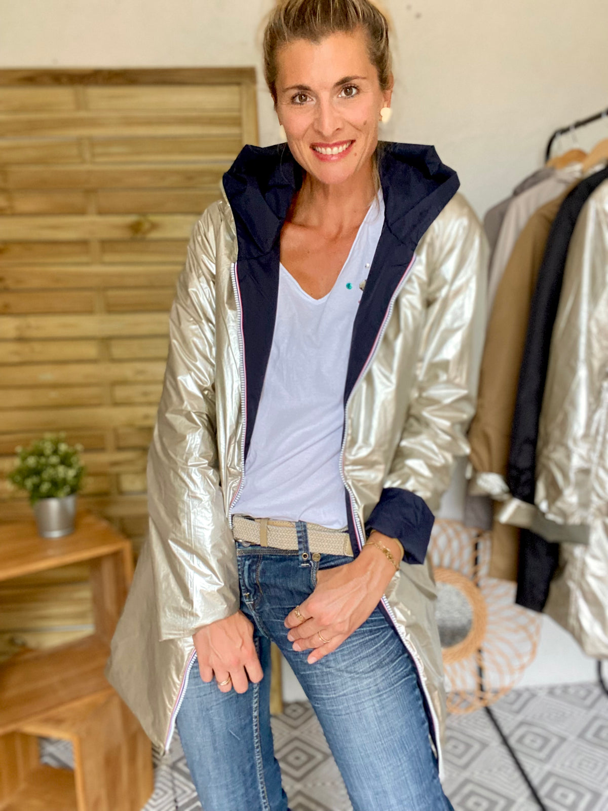 LAURA JO - Imperméable réversible rembourré LOUISON LONG - Marine/Doré