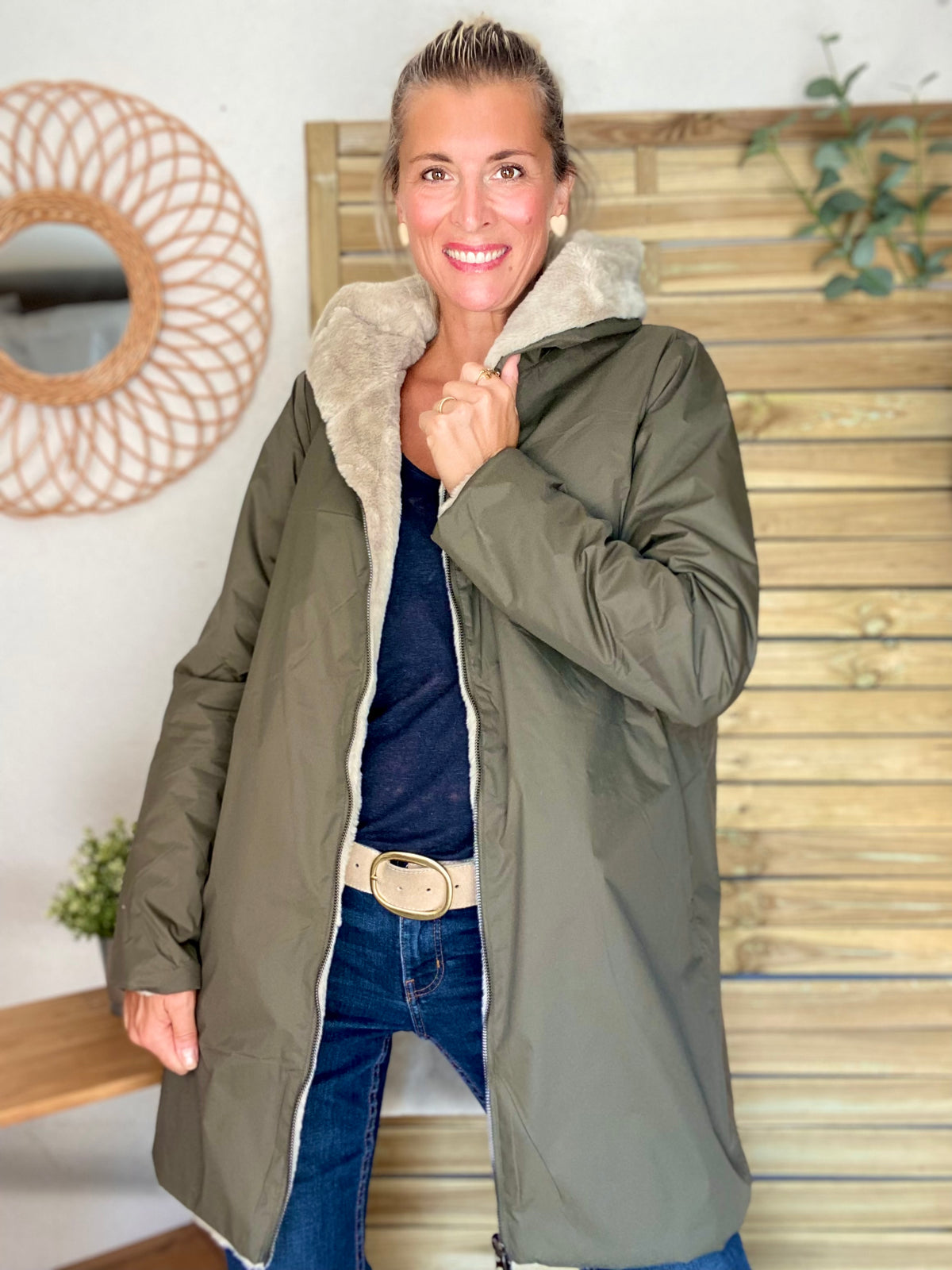 LAURA JO - Parka Imperméable réversible fourrée Kaki / Beige ALIX Long