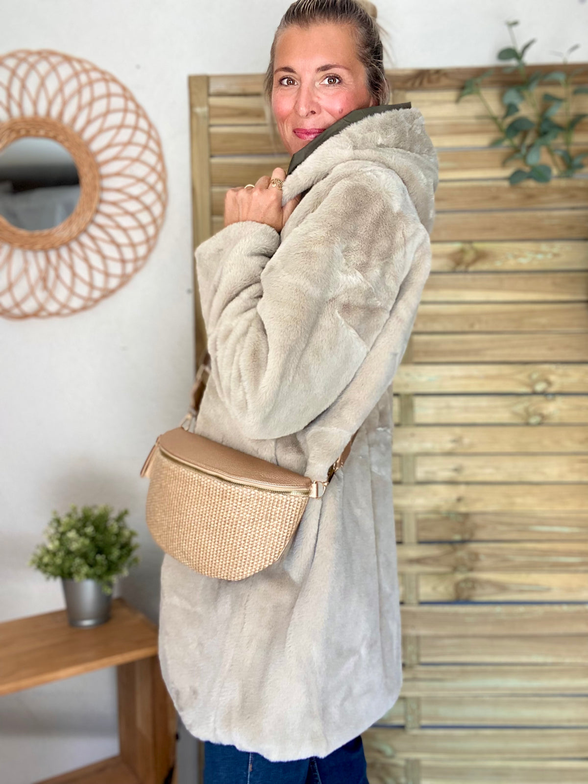LAURA JO - Parka Imperméable réversible fourrée Kaki / Beige ALIX Long