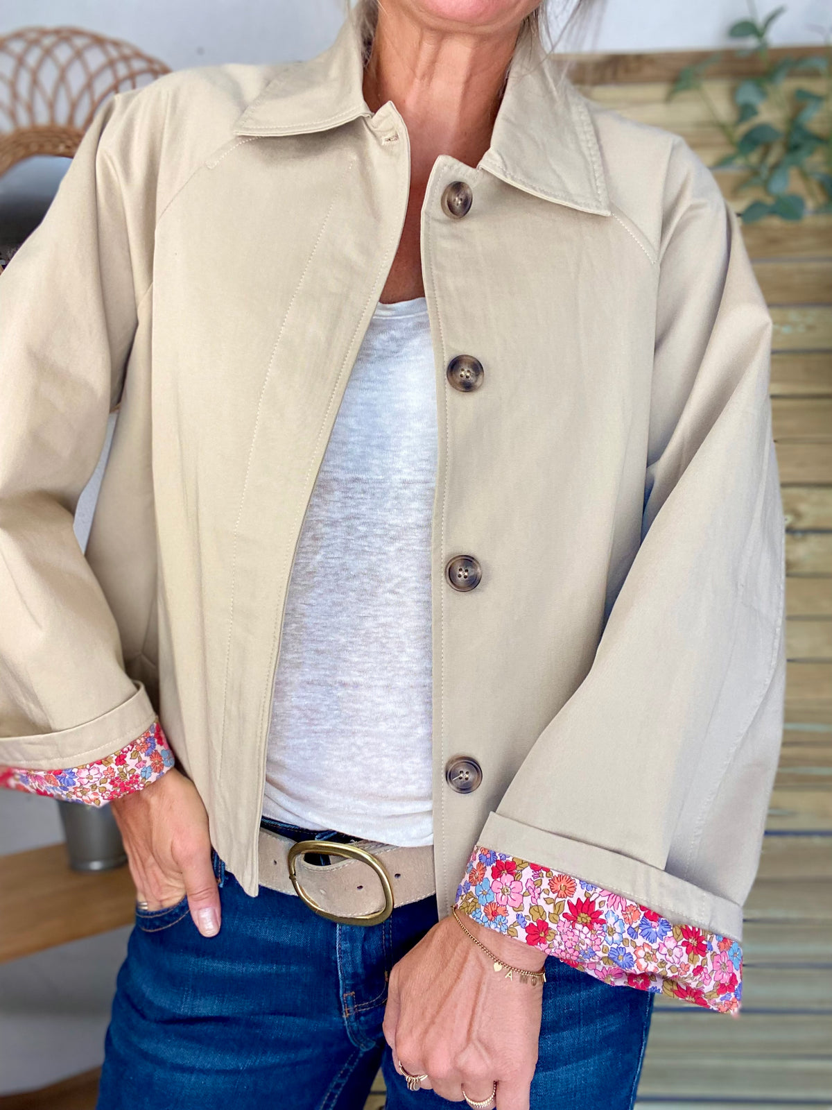 Veste Trench en coton beige avec Liberty - MAHAUT - LILI et LALA