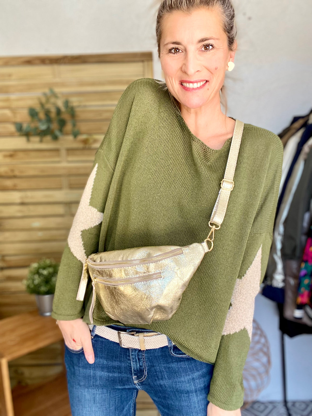 Sac banane en cuir irisé double poche - ERYN fronces - Doré