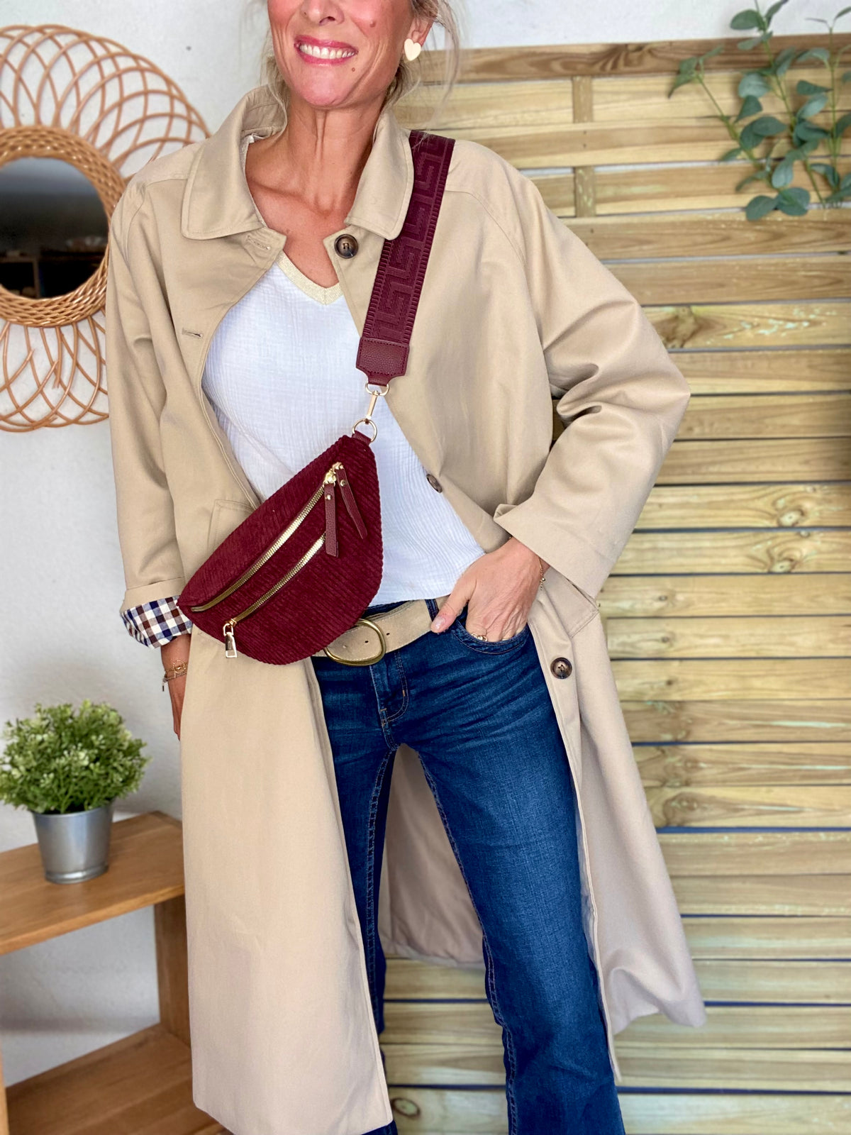 Veste Trench en coton, revers carreaux - YSEULT long Beige