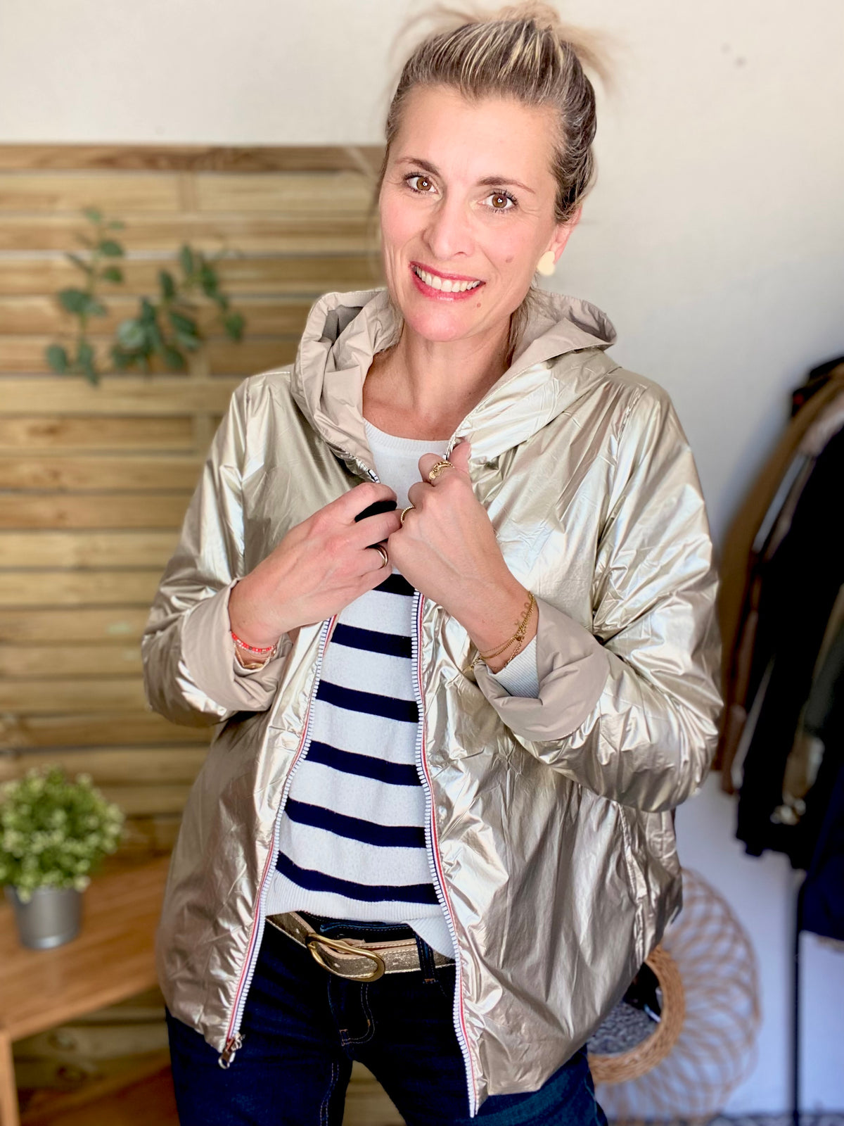 LAURA JO - Imperméable réversible rembourré LOUISON COURT - Beige / Doré • DÉSTOCKAGE sur Taille XL
