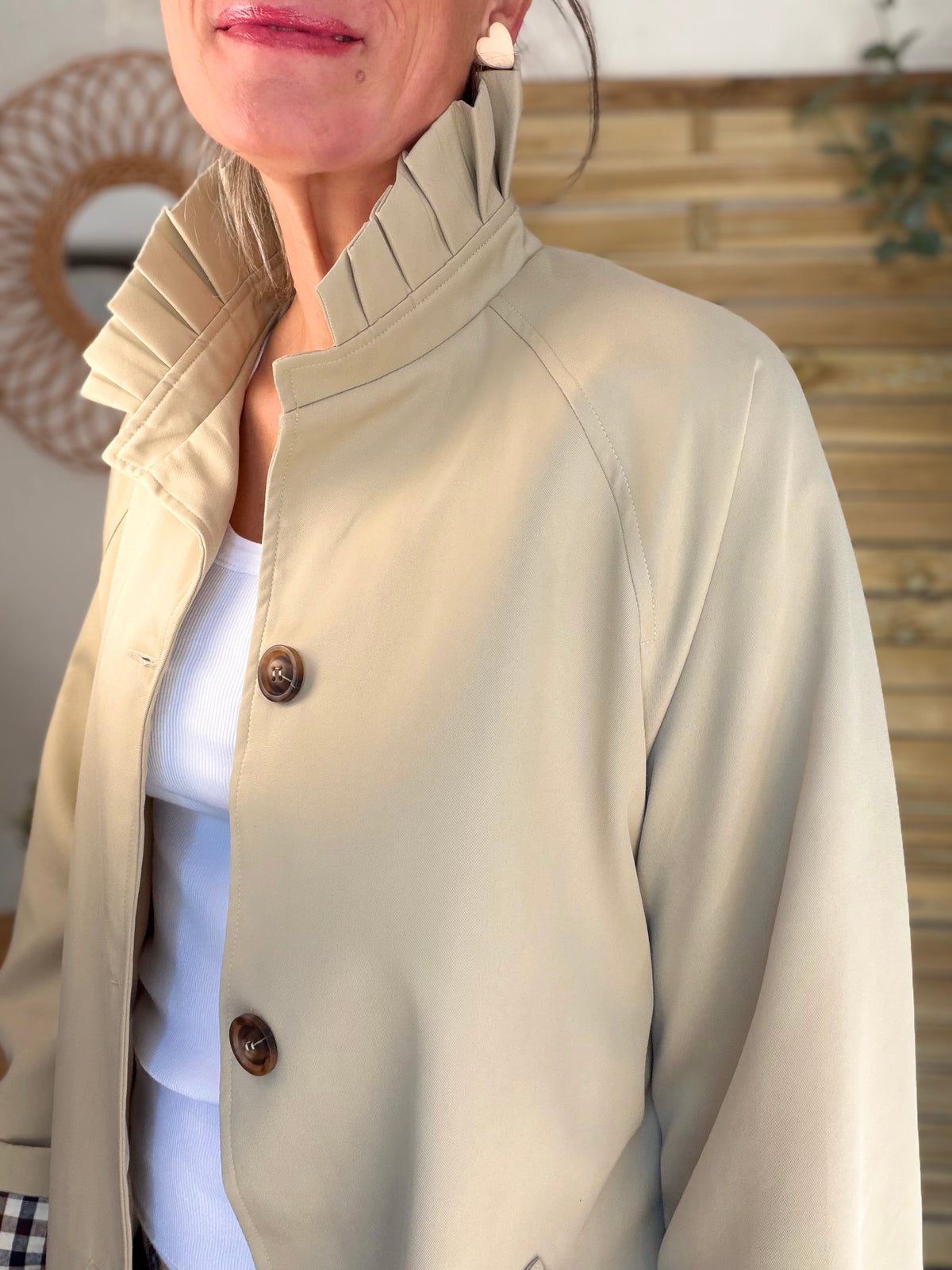 Veste Trench col victorien, revers carreaux - VICKY LONG Beige