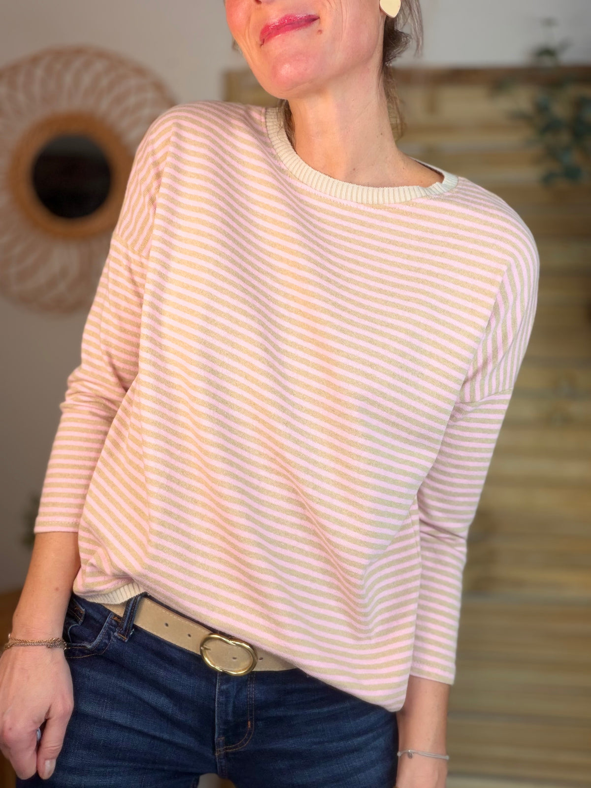 Pull fin rayé ample ROMANE - Rose/Taupe - FIN DE SÉRIE