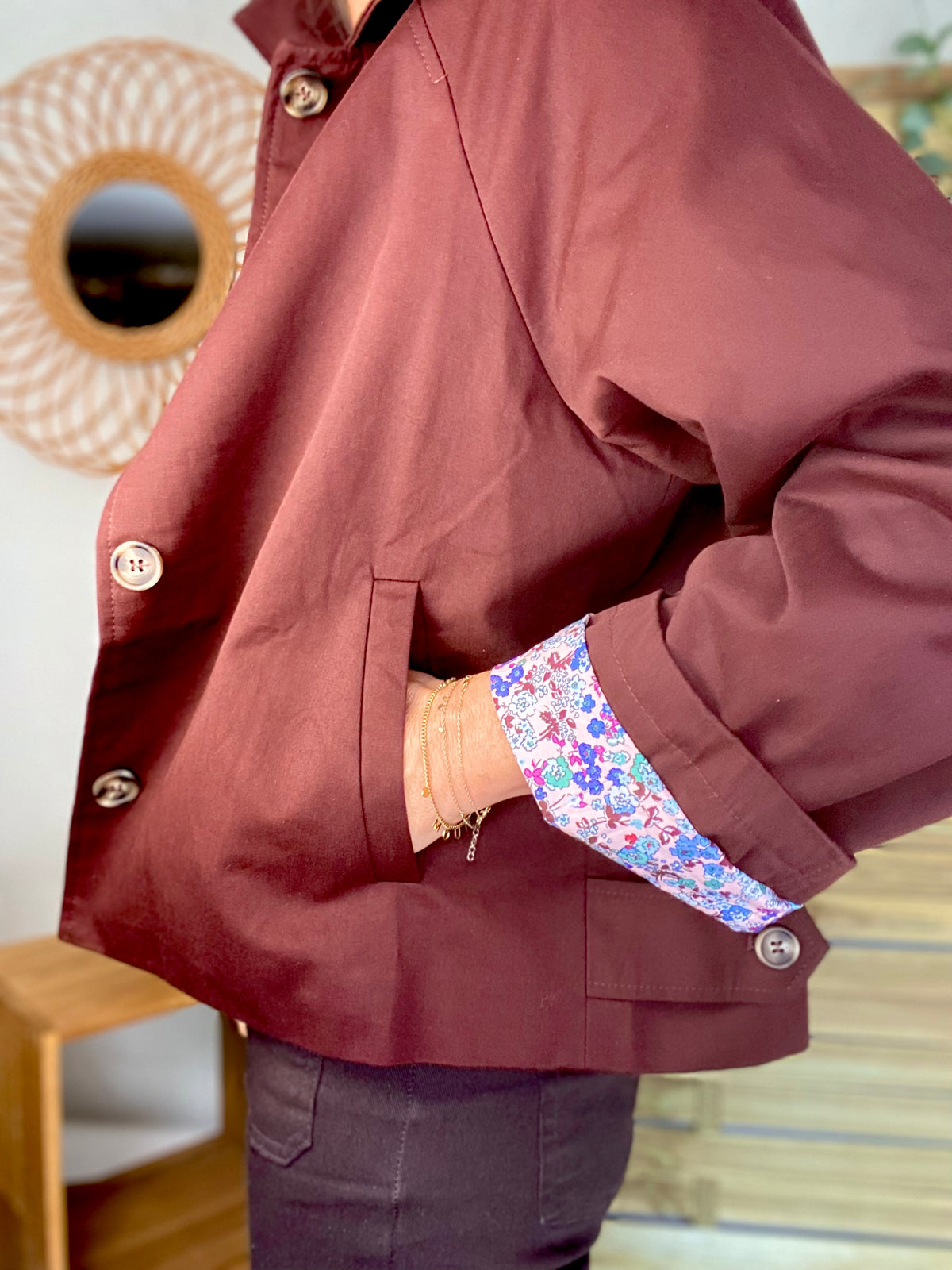 Veste Trench en coton bordeaux foncé avec Liberty - MAHAUT - LILI et LALA - FIN DE SÉRIE