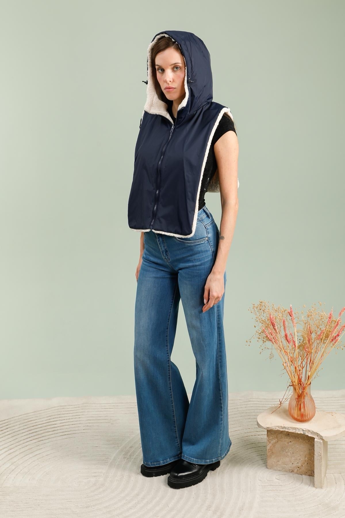 LAURA JO - Col capuche amovible réversible TONY - Bleu marine / Sherpa écru