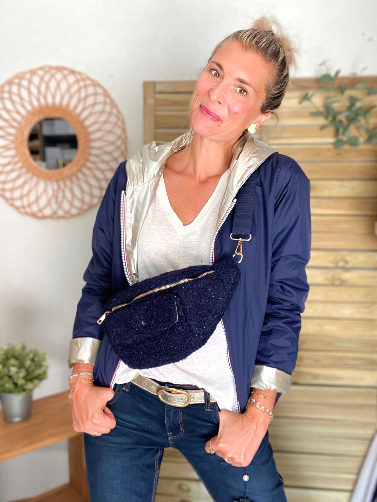 Sac banane XL moumoute lurex avec poche avant - CHELSEA - Marine - FIN DE SÉRIE