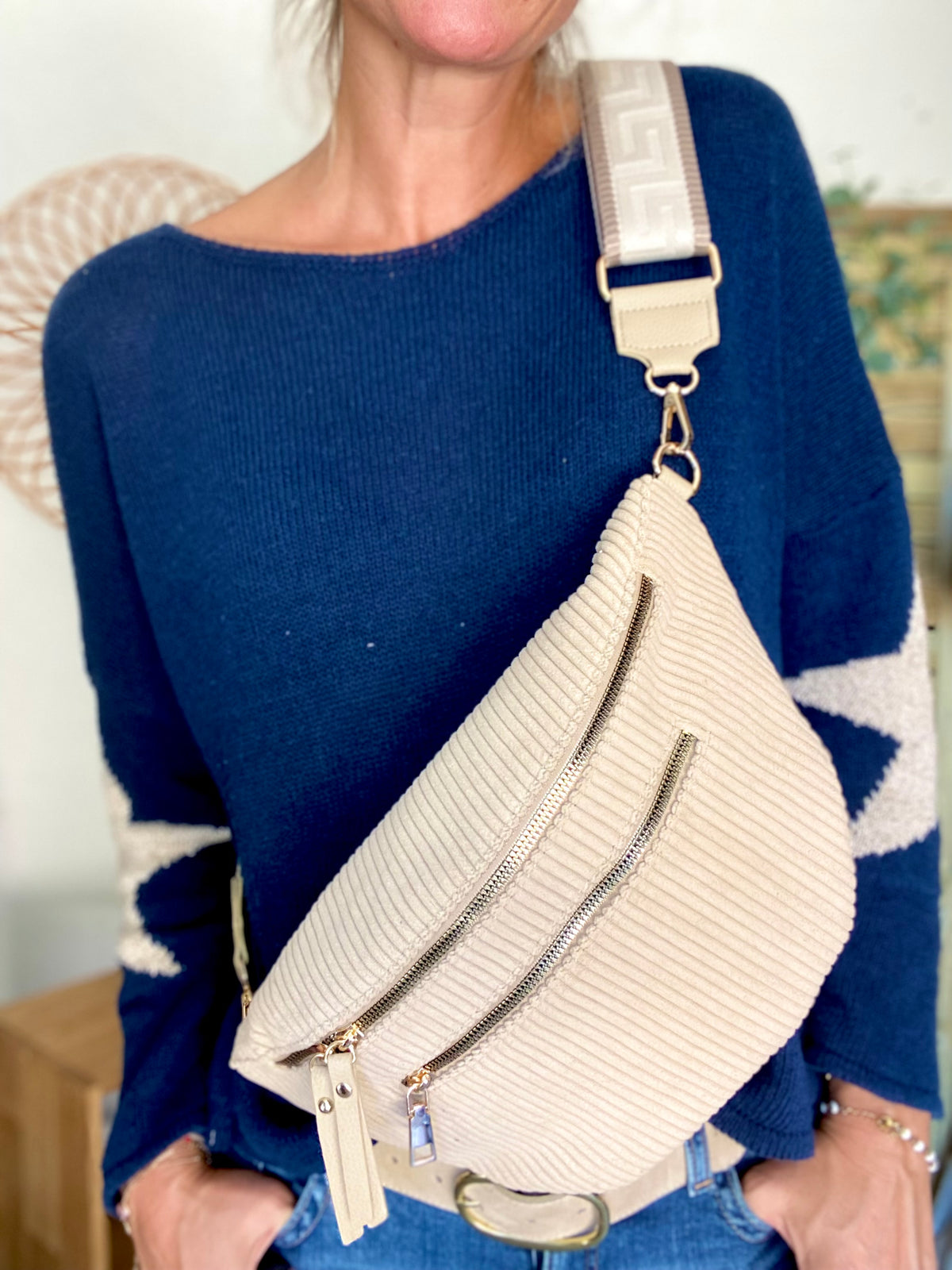 Sac banane XL en velours côtelé 2 zips et sangle fantaisie - WENDY - Beige