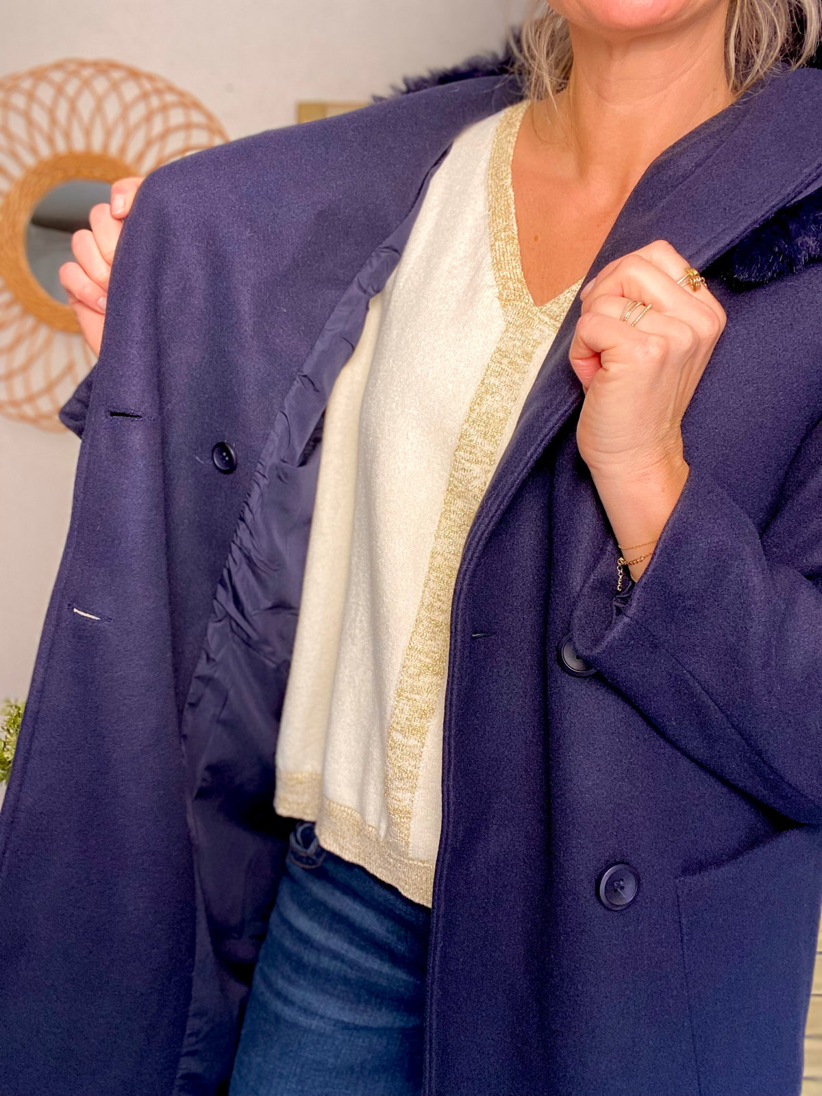 LAURA JO - Manteau caban ESTHER avec capuche et col fausse fourrure amovible - Bleu marine - FIN DE SÉRIE