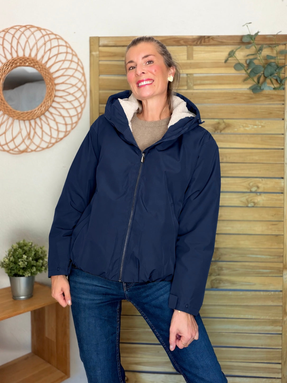 LAURA JO - Imperméable fourré sherpa EVA court - Bleu marine