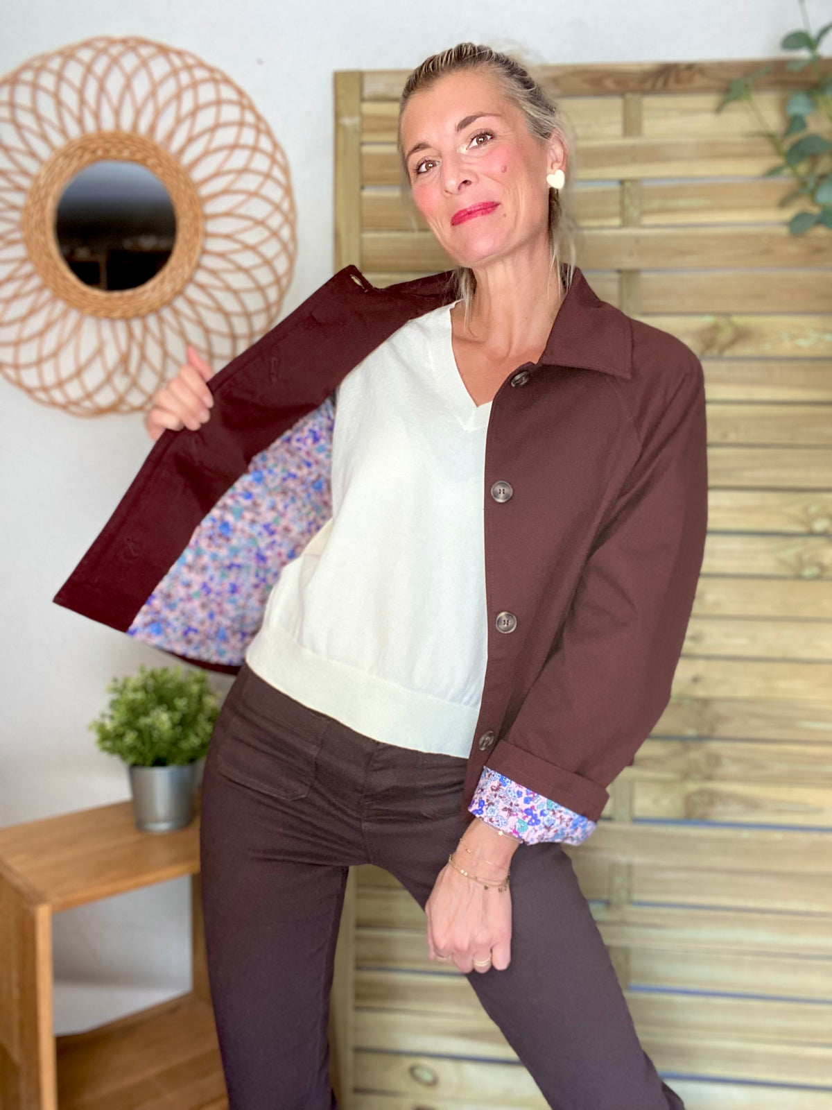 Veste Trench en coton bordeaux foncé avec Liberty - MAHAUT - LILI et LALA - FIN DE SÉRIE