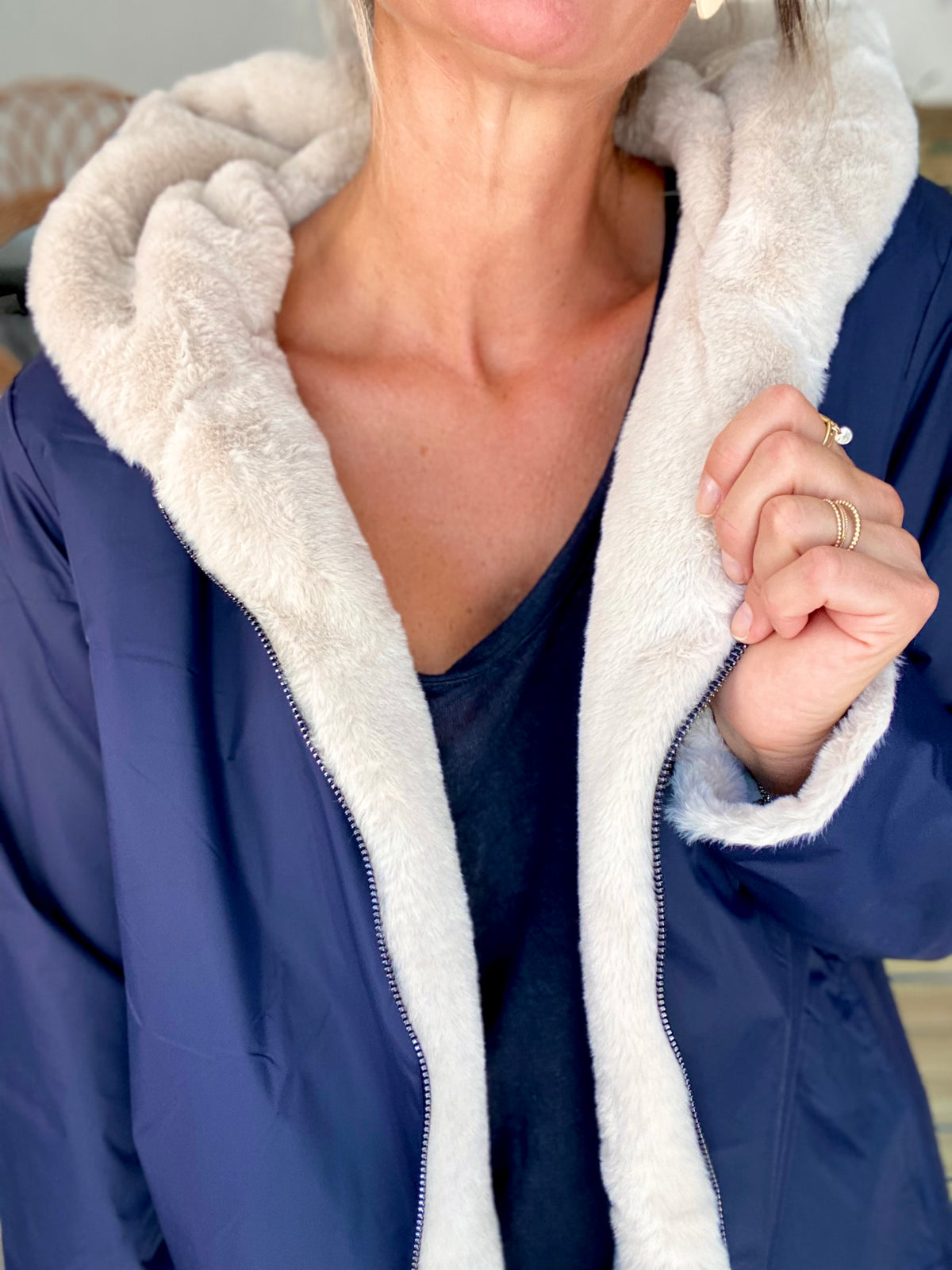 LAURA JO - Parka Imperméable réversible fourrée Bleu marine / Beige ALIX Long