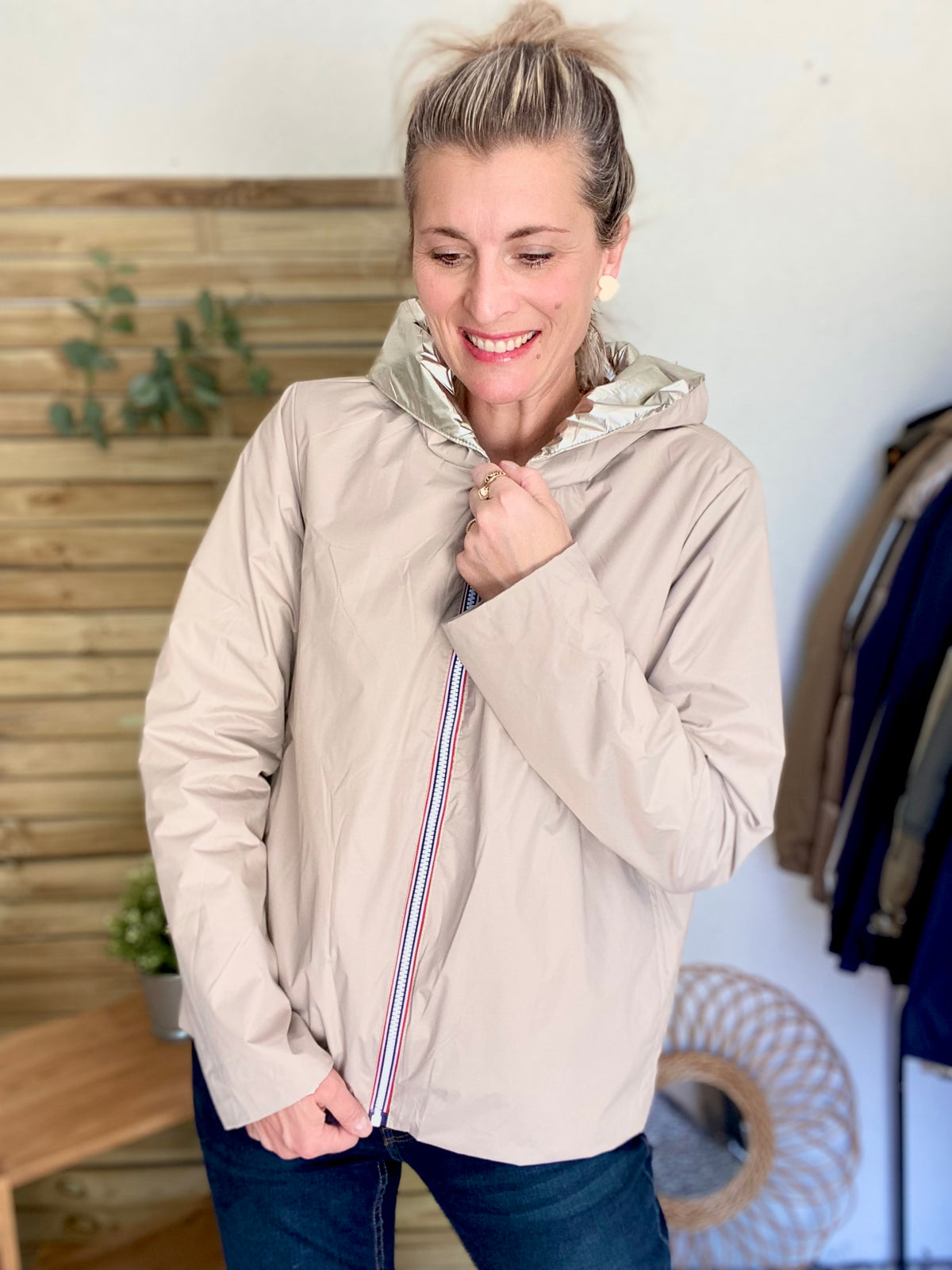 LAURA JO - Imperméable réversible rembourré LOUISON COURT - Beige / Doré • DÉSTOCKAGE sur Taille XL