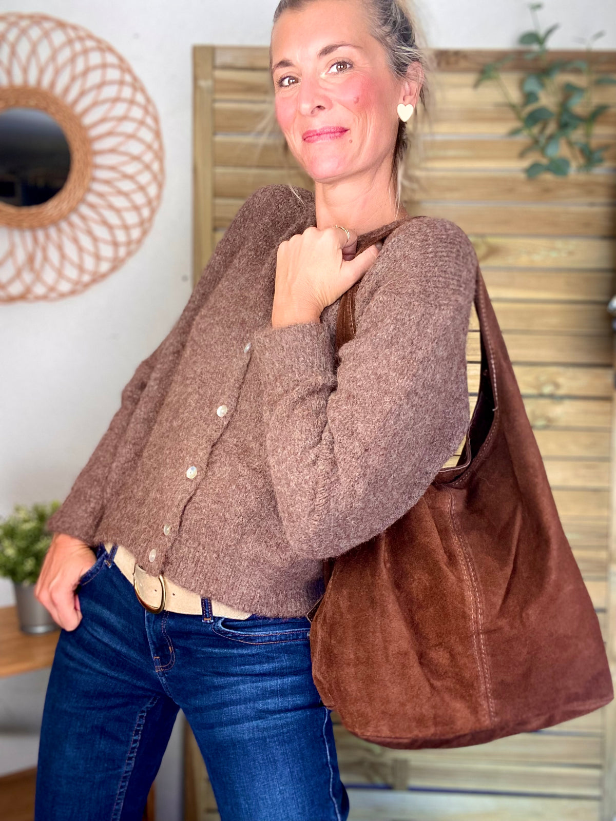 Sac cabas hobo cuir daim MARLON - Chocolat