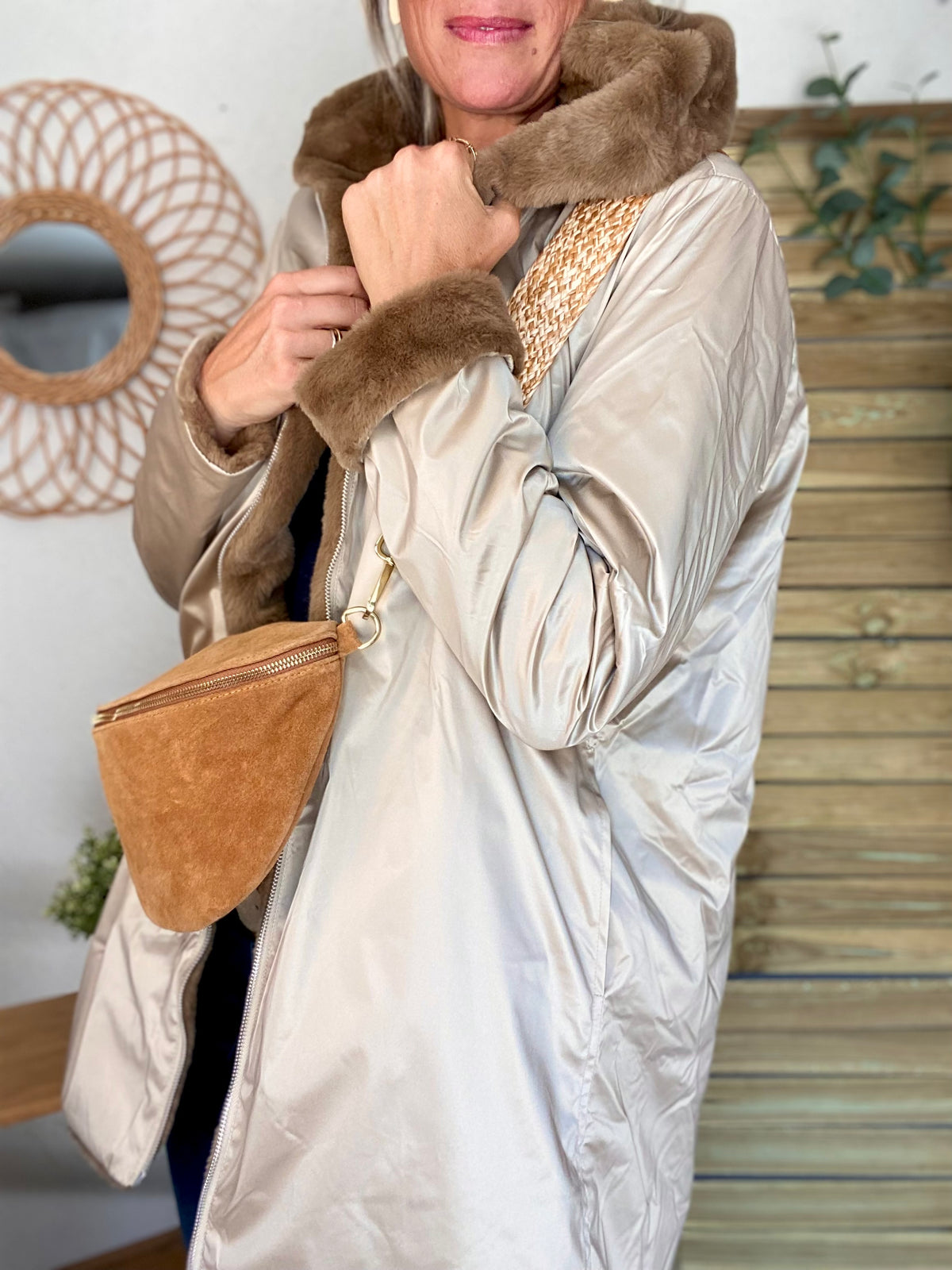 LAURA JO - Parka Imperméable réversible fourrée Sable irisé / Camel ALIX Long