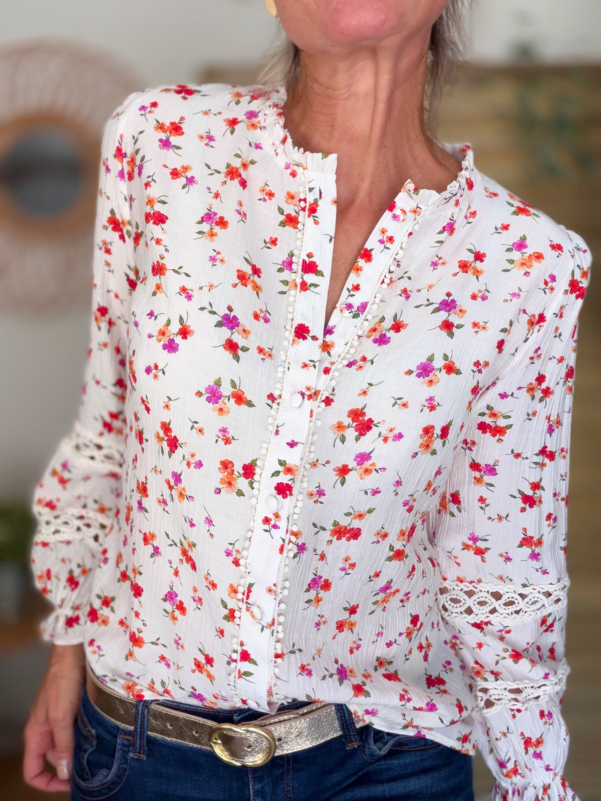 ⚡️ ARRIVAGE - Blouse fleurie corail, manches ajourées SERVANE