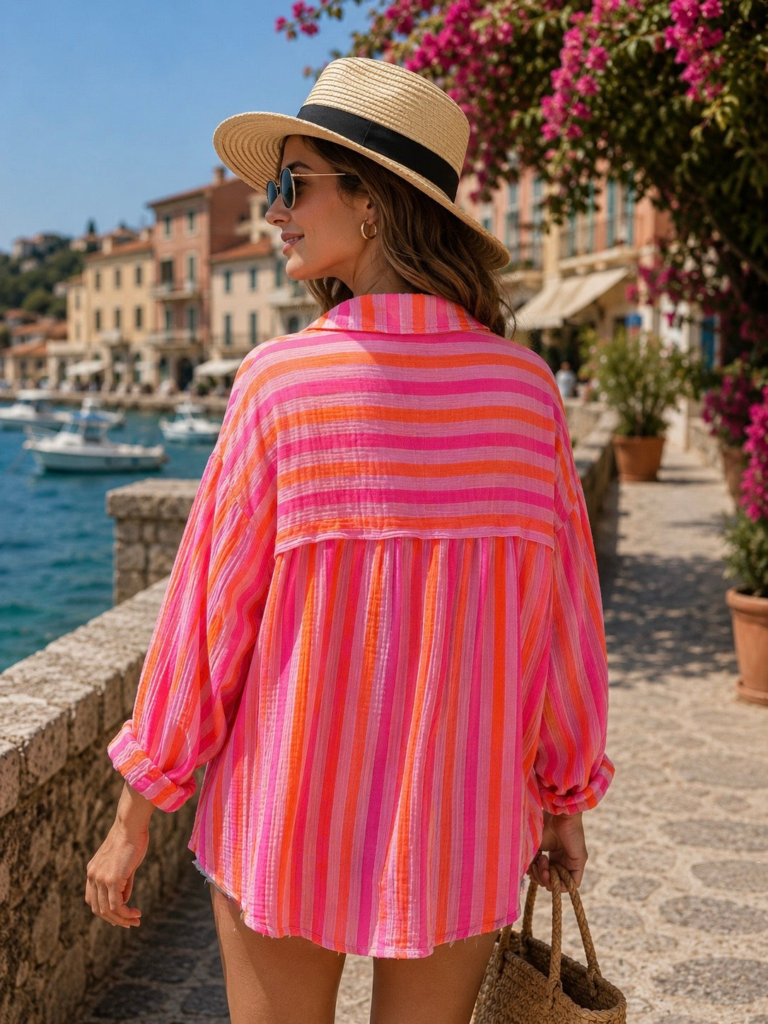 Chemise en gaze de coton rayée FÉLICIE Fluo Parme - DÉSTOCKAGE