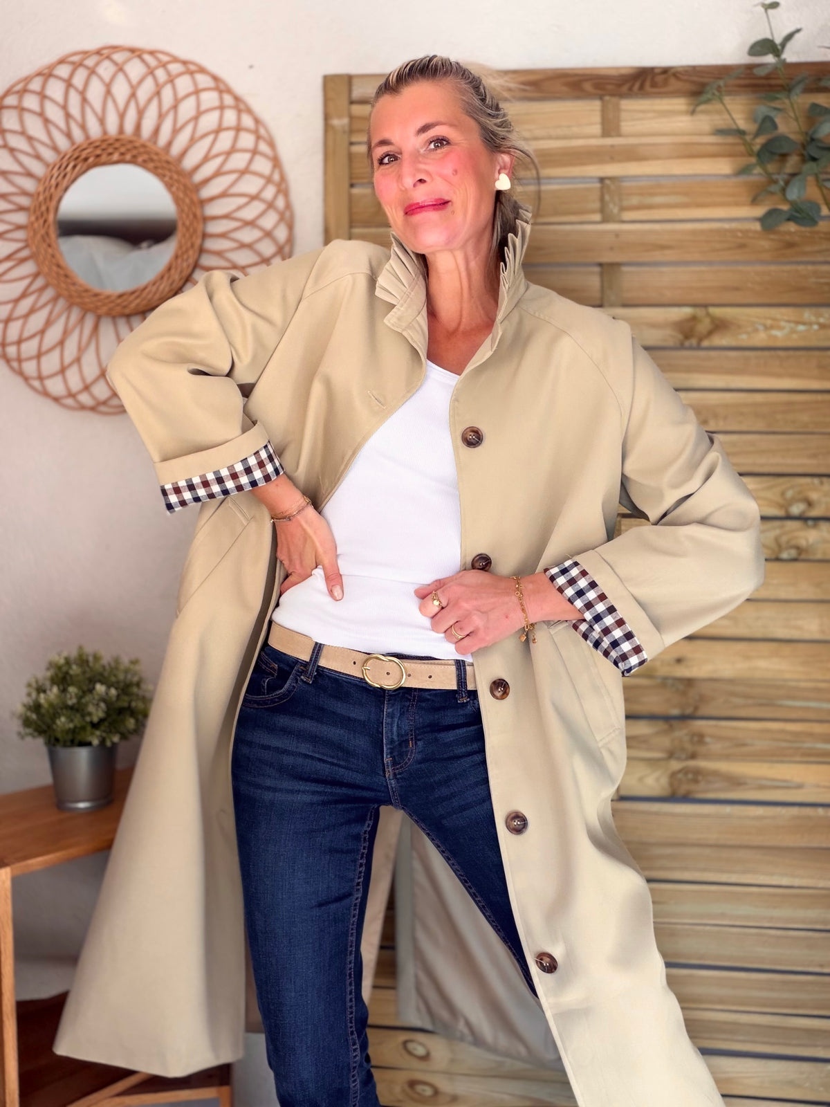 Veste Trench col victorien, revers carreaux - VICKY LONG Beige