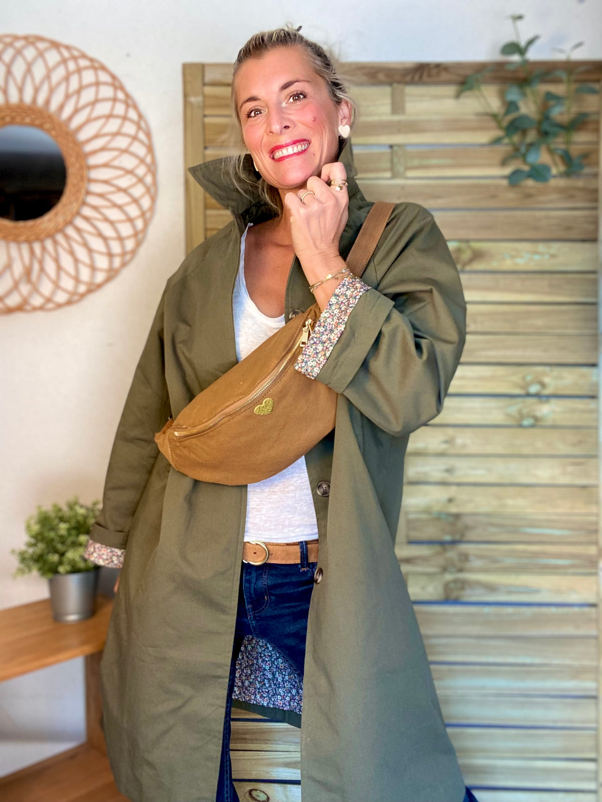 Veste Trench en coton kaki avec Liberty - MAHAUT MI LONG - LILI et LALA • DÉSTOCKAGE sur Taille S