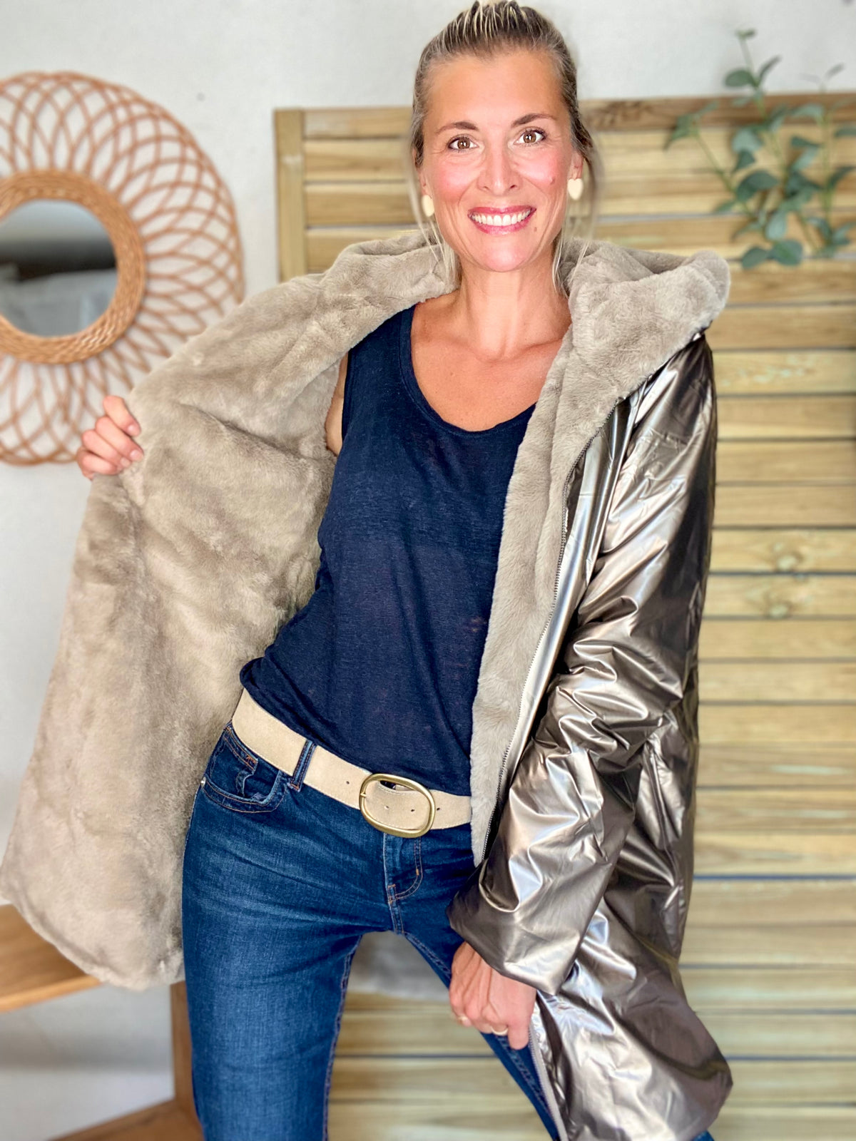 LAURA JO - Parka Imperméable réversible fourrée Bronze / Beige ALIX Long