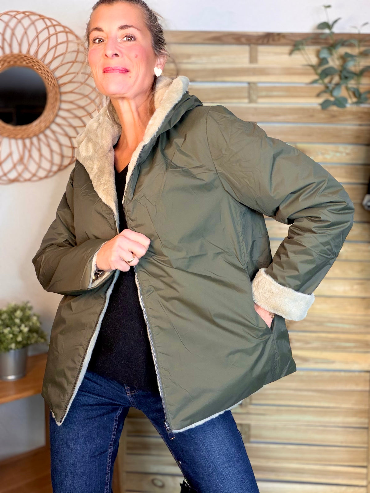 LAURA JO - Parka Imperméable réversible fourrée Kaki / Beige ALIX Court