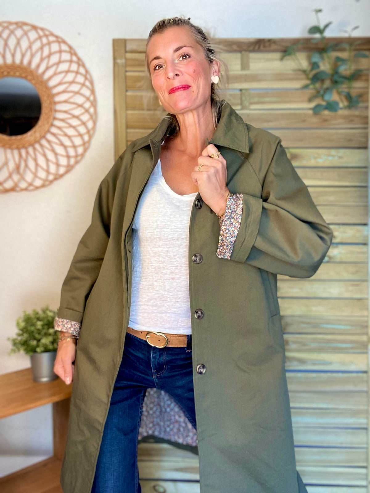 Veste Trench en coton kaki avec Liberty - MAHAUT MI LONG - LILI et LALA • DÉSTOCKAGE sur Taille S