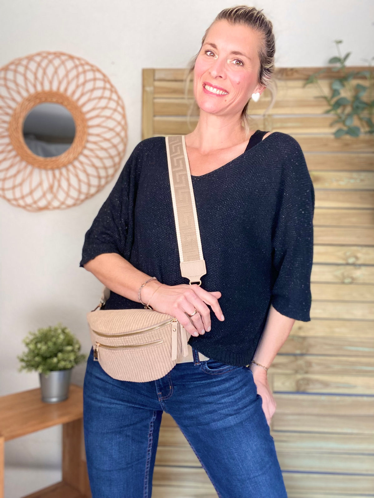 Sac banane en velours côtelé 2 zips et sangle fantaisie - CHARLY - Beige taupe (côtelé large)