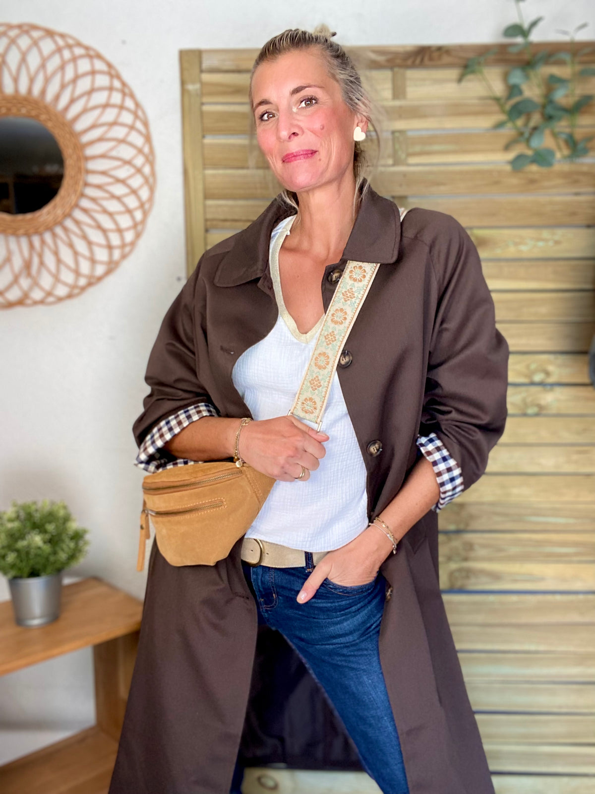 Veste Trench en coton, revers carreaux - YSEULT long Chocolat