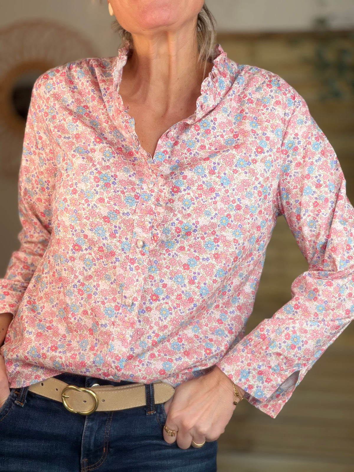 Chemise imprimée Liberty rose clair, col volanté SOLANE (DÉSTOCKAGE sur Taille S)