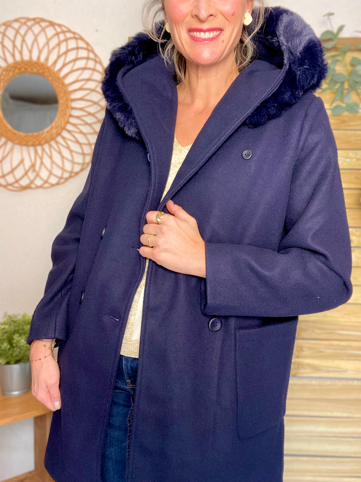 LAURA JO - Manteau caban ESTHER avec capuche et col fausse fourrure amovible - Bleu marine - FIN DE SÉRIE