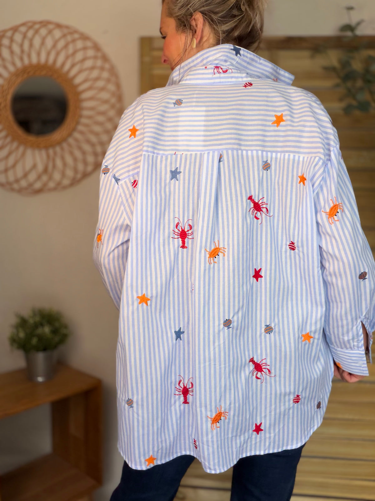 Chemise bleue à rayures coquillages et crustacés - ELORY - FIN DE SÉRIE