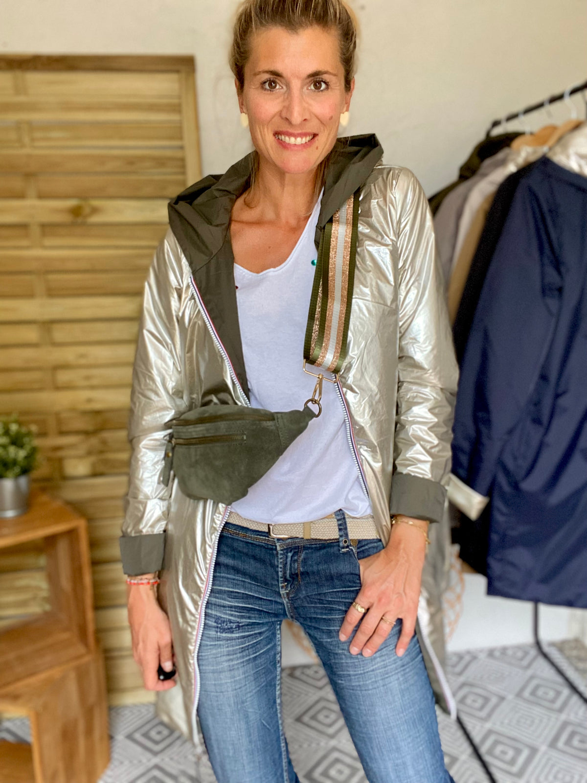 Sac banane double poche en cuir daim - OPALINE - Kaki foncé